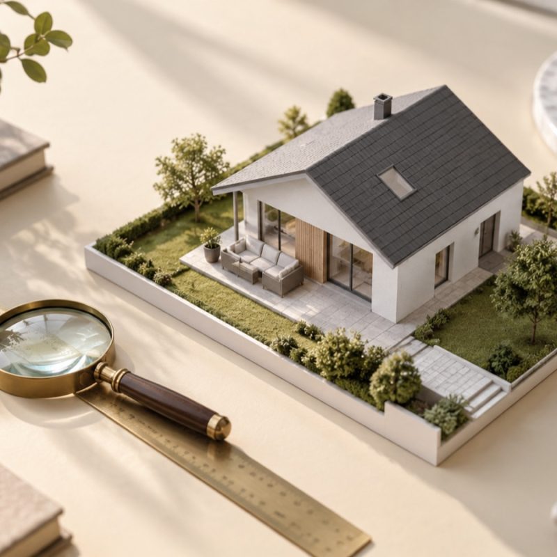 KI-generiertes Symbolbild: Hausmodell mit Lupe und Maßstab als Symbol für Immobilienbewertung