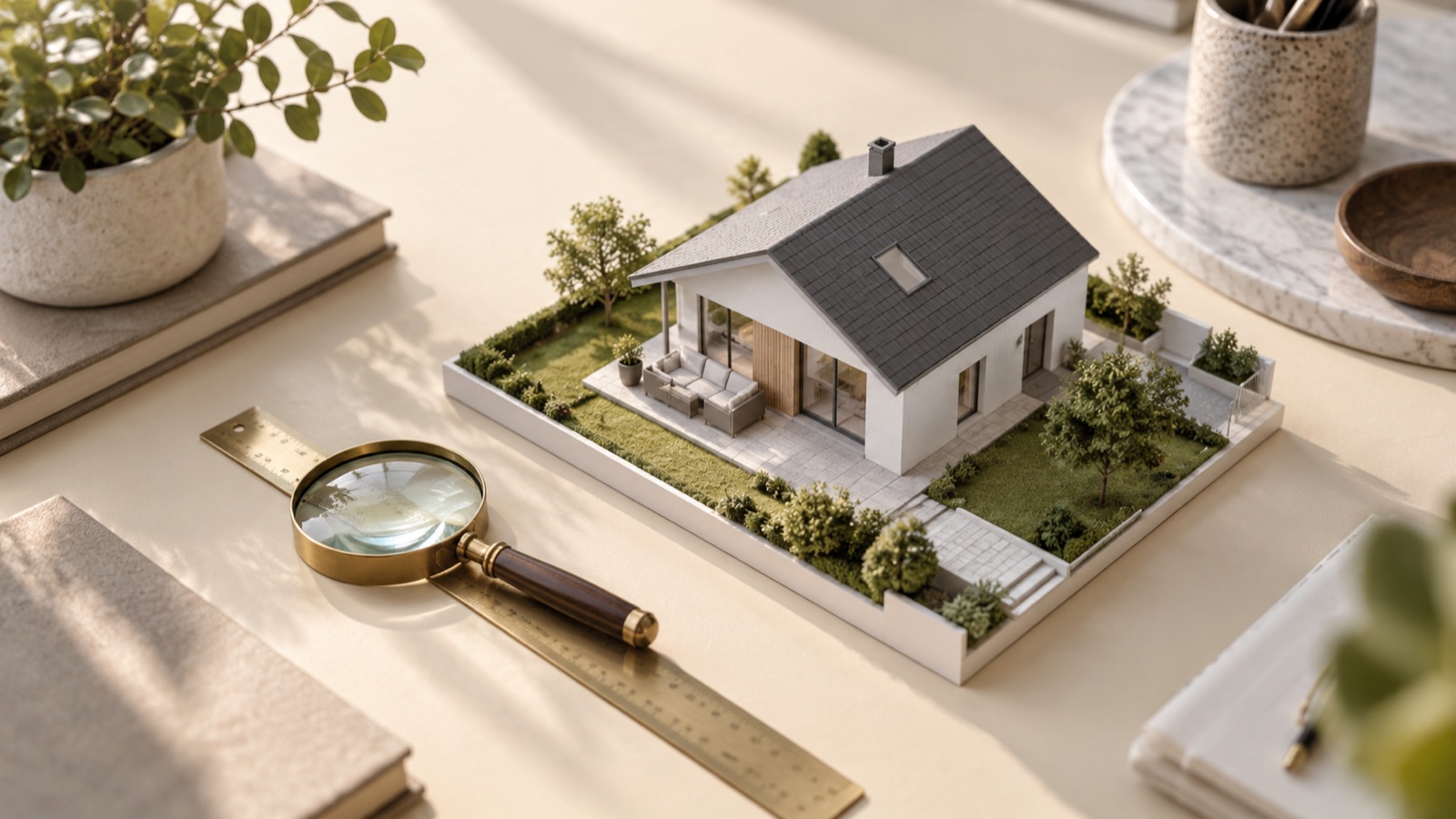 KI-generiertes Symbolbild: Hausmodell mit Lupe und Maßstab als Symbol für Immobilienbewertung