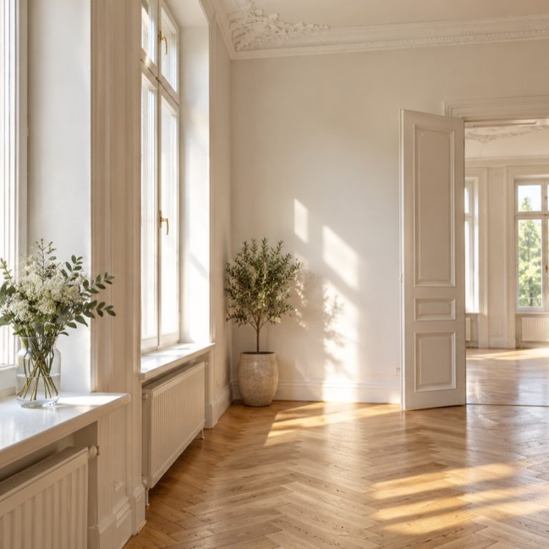 KI-generiertes Symbolbild: Helle Altbauwohnung mit Parkett und Schlüssel auf der Fensterbank