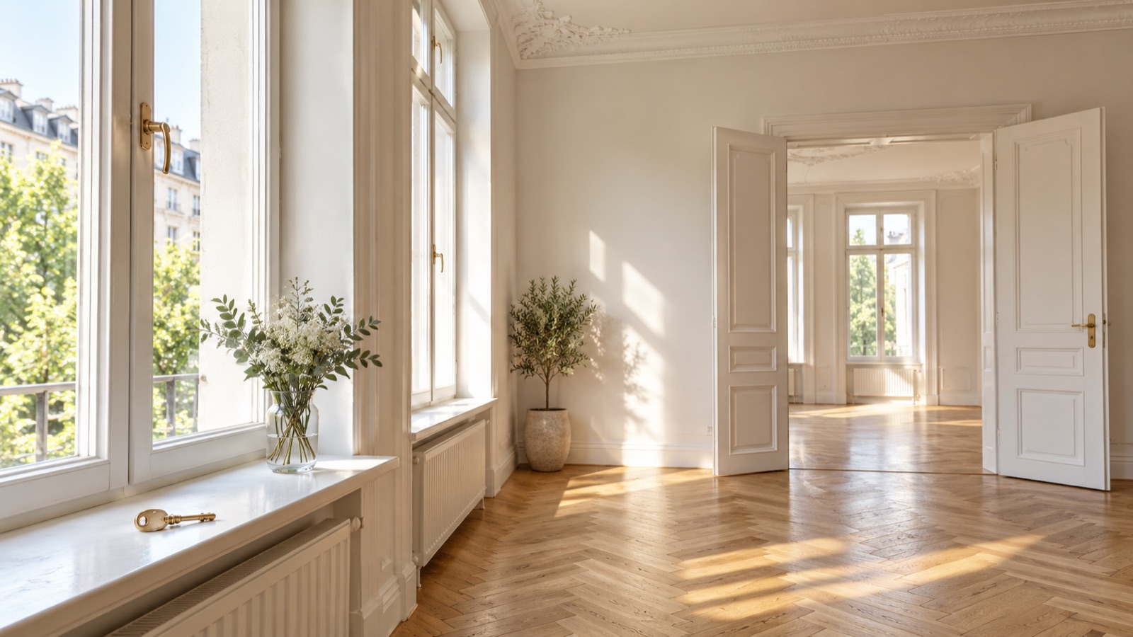 KI-generiertes Symbolbild: Helle Altbauwohnung mit Parkett und Schlüssel auf der Fensterbank