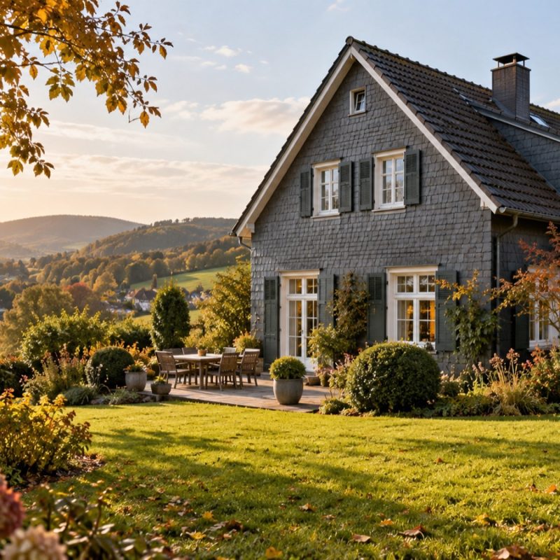 KI-generiertes Symbolbild: Schieferhaus mit Garten als Symbol für den Hausverkauf im Bergischen Land