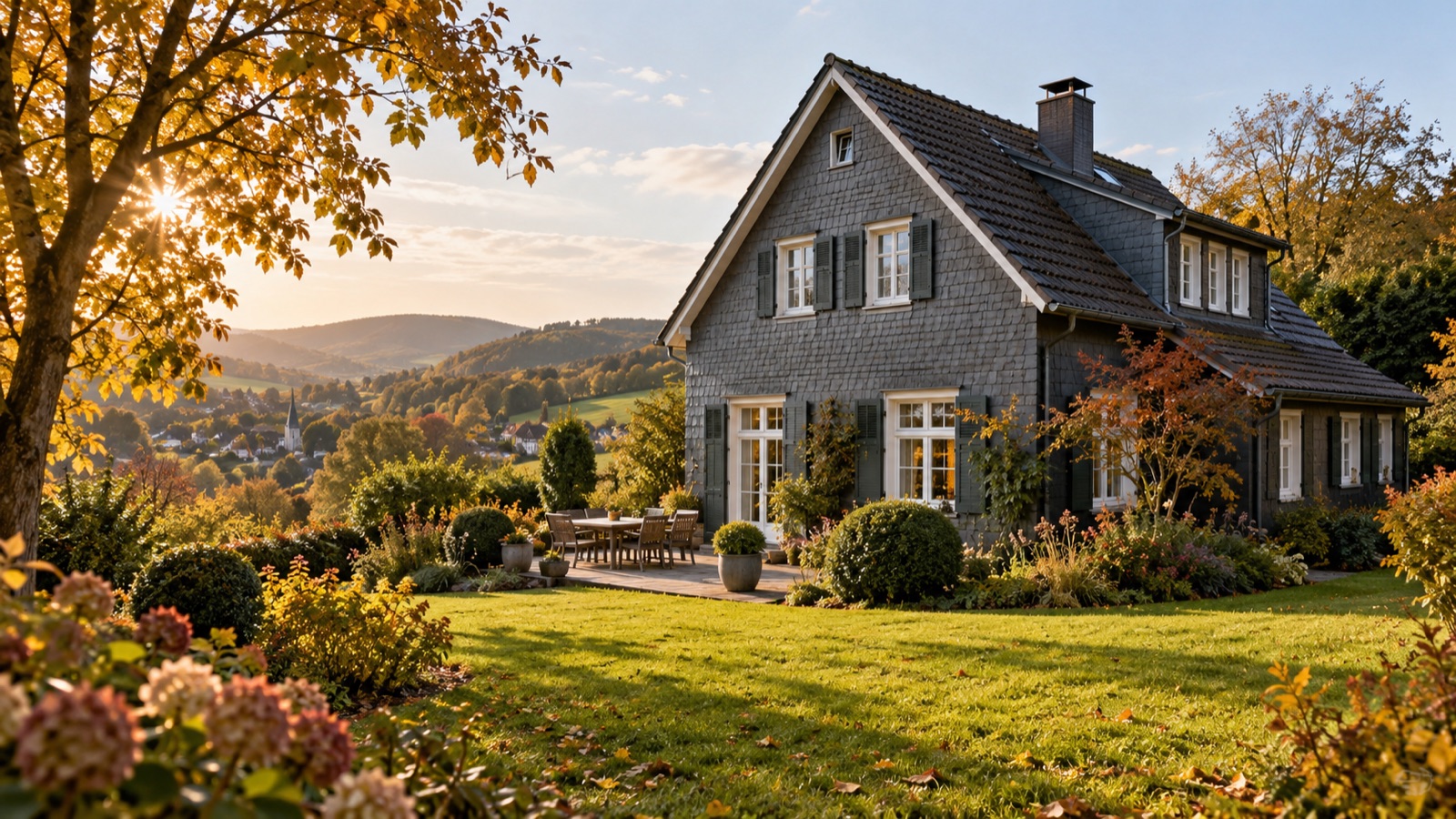 KI-generiertes Symbolbild: Schieferhaus mit Garten als Symbol für den Hausverkauf im Bergischen Land
