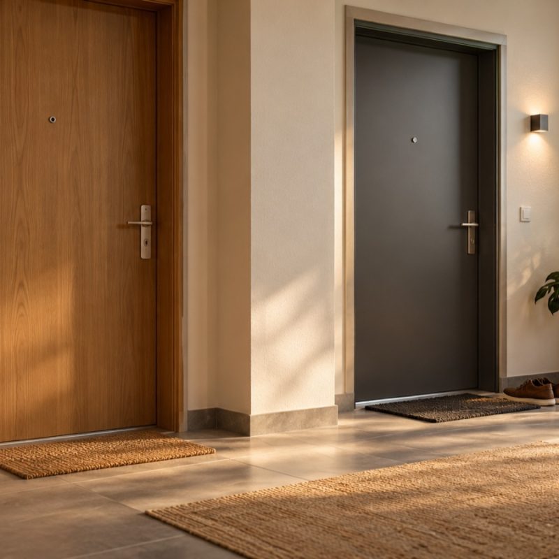 KI-generiertes Symbolbild: Wohnungstüren in einem bewohnten Mehrfamilienhaus