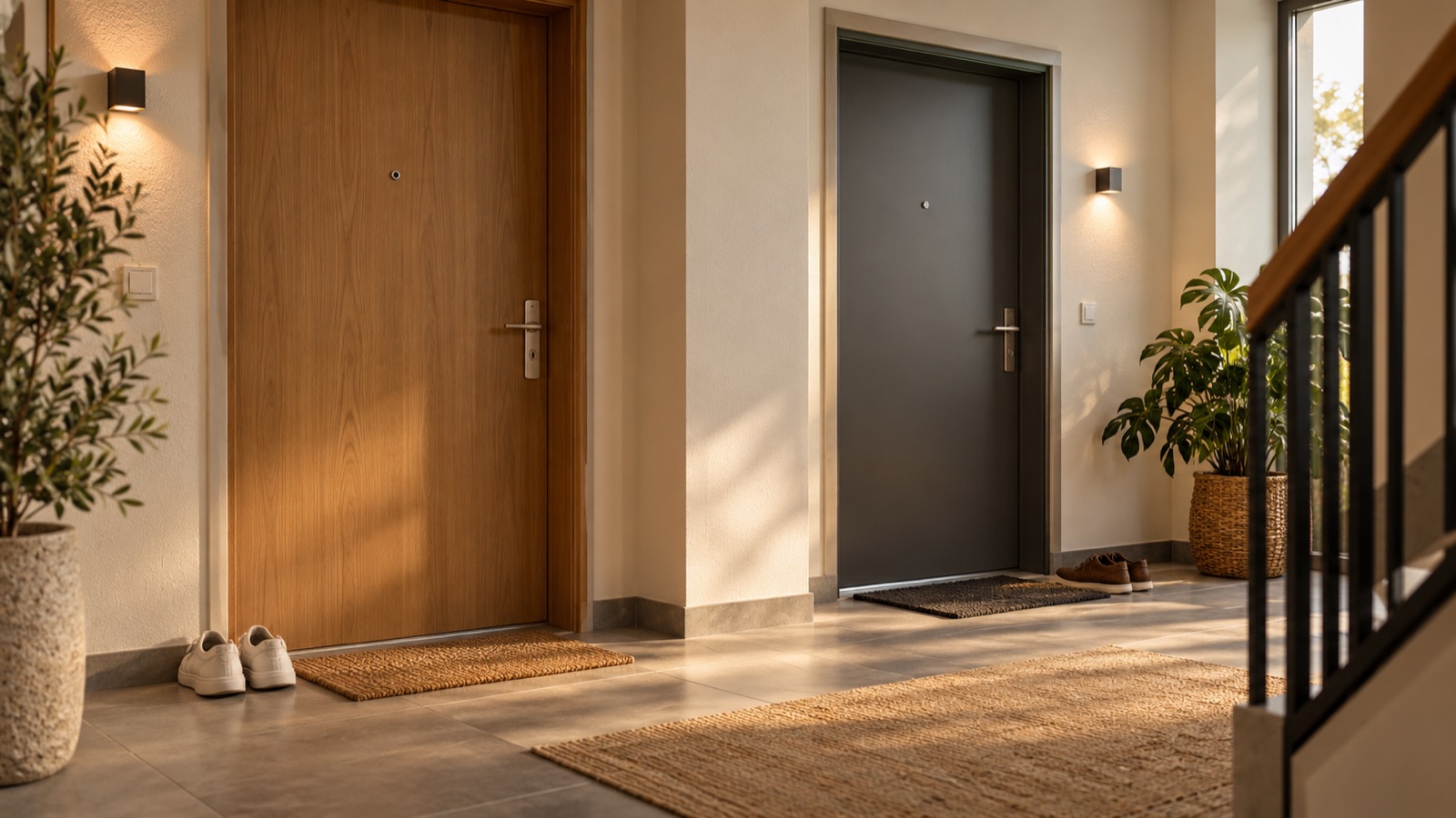 KI-generiertes Symbolbild: Wohnungstüren in einem bewohnten Mehrfamilienhaus