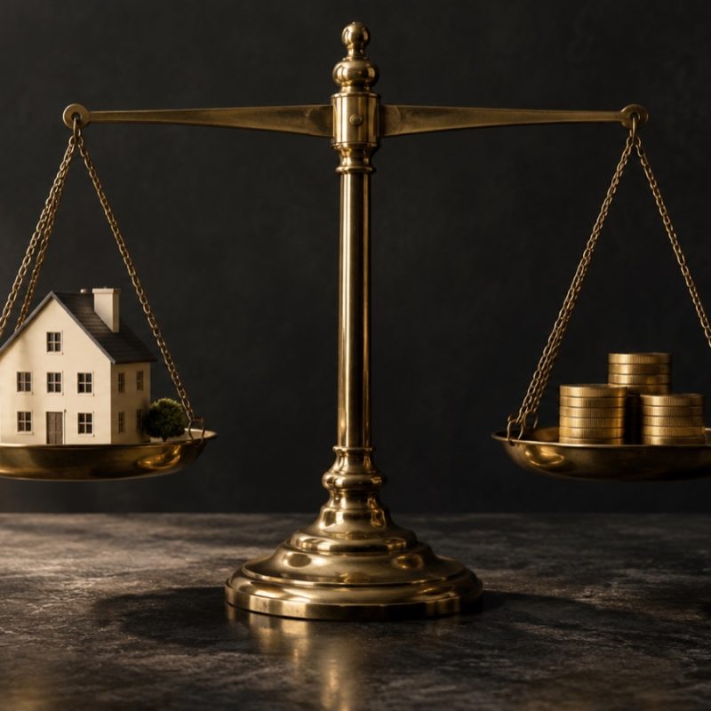KI-generiertes Symbolbild: Waage mit Hausmodell und Münzen als Symbol für Immobilienpreise