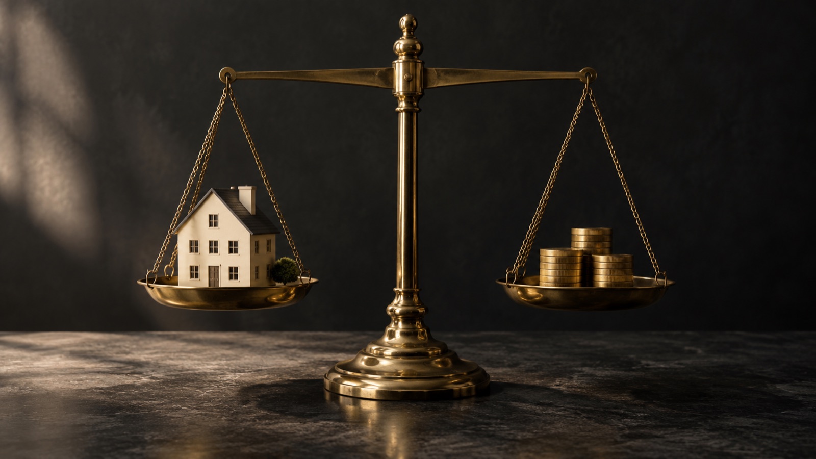 KI-generiertes Symbolbild: Waage mit Hausmodell und Münzen als Symbol für Immobilienpreise
