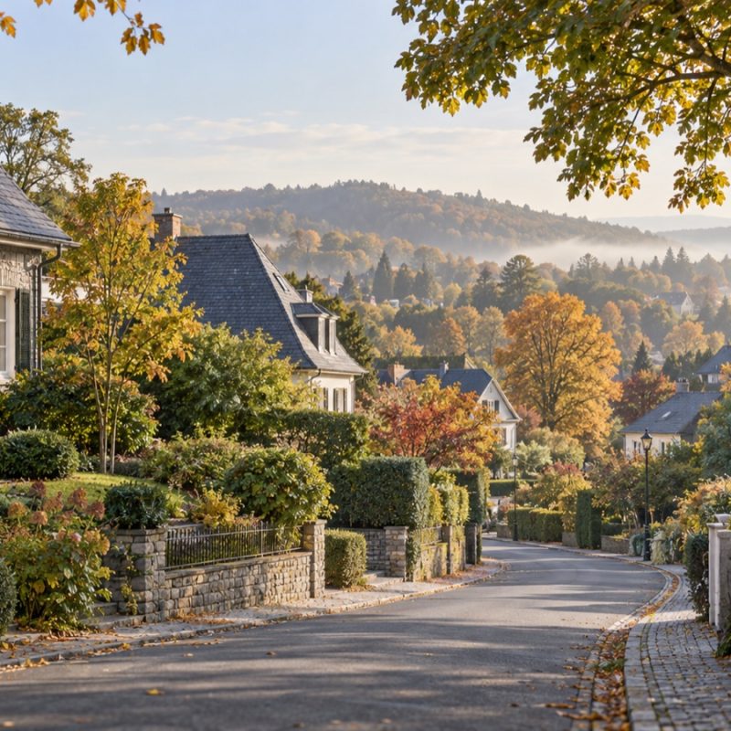 KI-generiertes Symbolbild: Illustration einer grünen Wohnstraße mit Häusern, inspiriert von Metzkausen