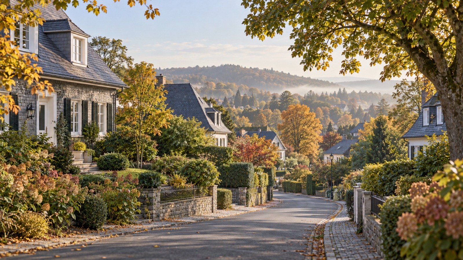 KI-generiertes Symbolbild: Illustration einer grünen Wohnstraße mit Häusern, inspiriert von Metzkausen