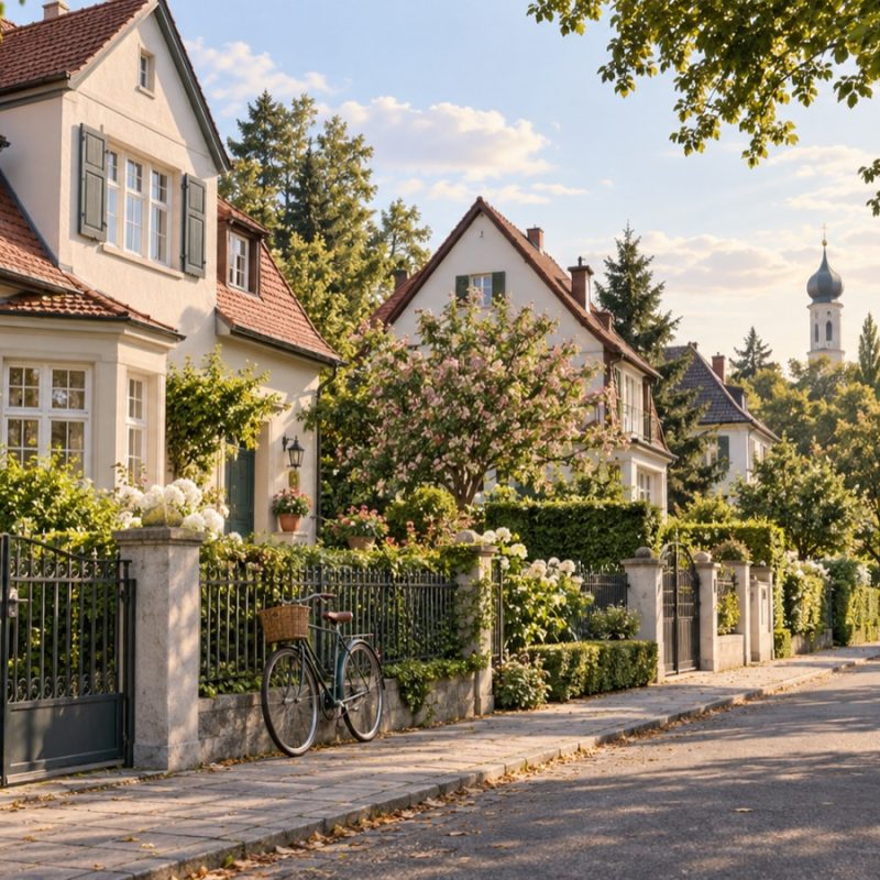 KI-generiertes Symbolbild: Illustration einer grünen Villenkolonie, inspiriert von Pasing