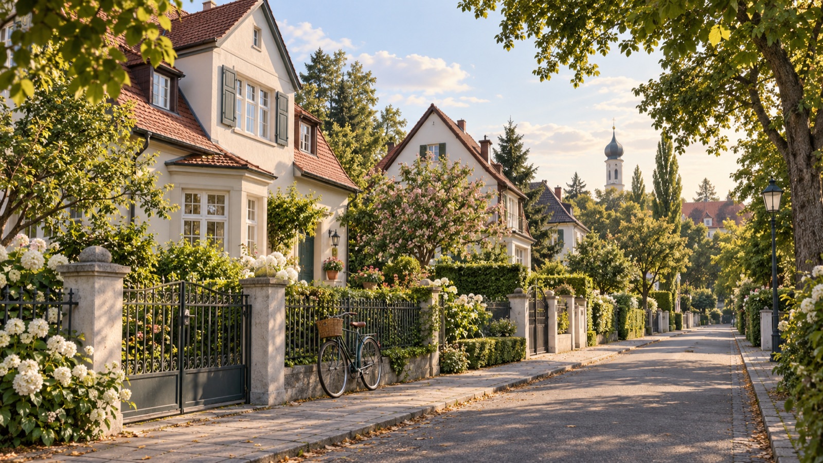 KI-generiertes Symbolbild: Illustration einer grünen Villenkolonie, inspiriert von Pasing