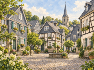 Illustration einer bergischen Altstadt, inspiriert von Mettmann